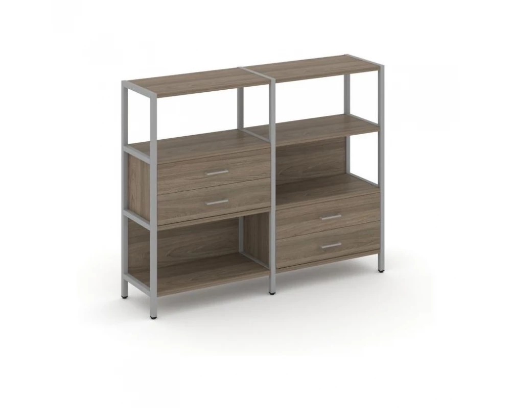 Двухсекционный стеллаж трехярусный с ящиками на двух ярусах 1590х400х1246 Shelf System