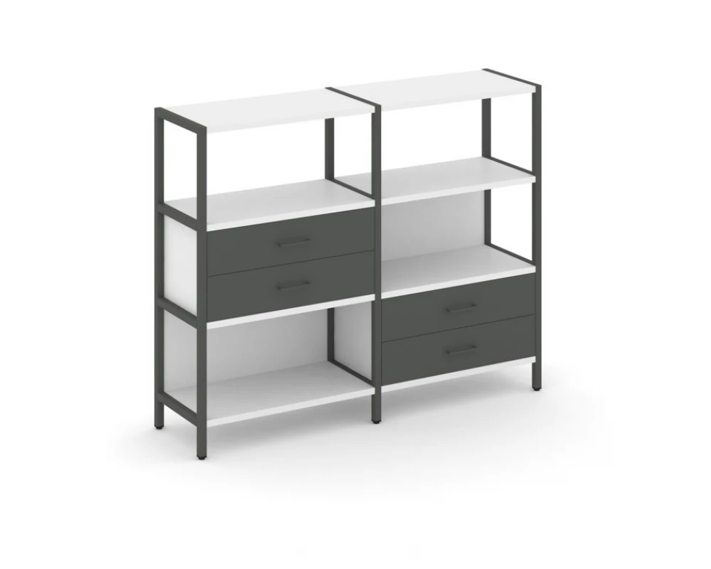 Двухсекционный стеллаж трехярусный с ящиками на двух ярусах 1590х400х1246 Shelf System