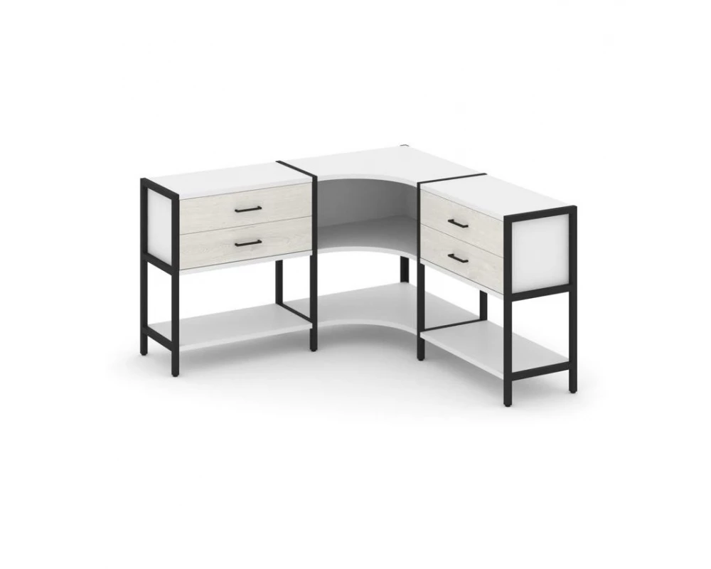 Трехсекционный угловой стеллаж двухярусный с ящиками 1590х1590х879 Shelf System