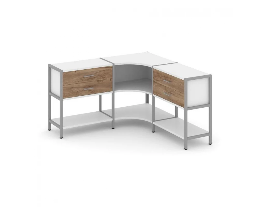 Трехсекционный угловой стеллаж двухярусный с ящиками 1590х1590х879 Shelf System