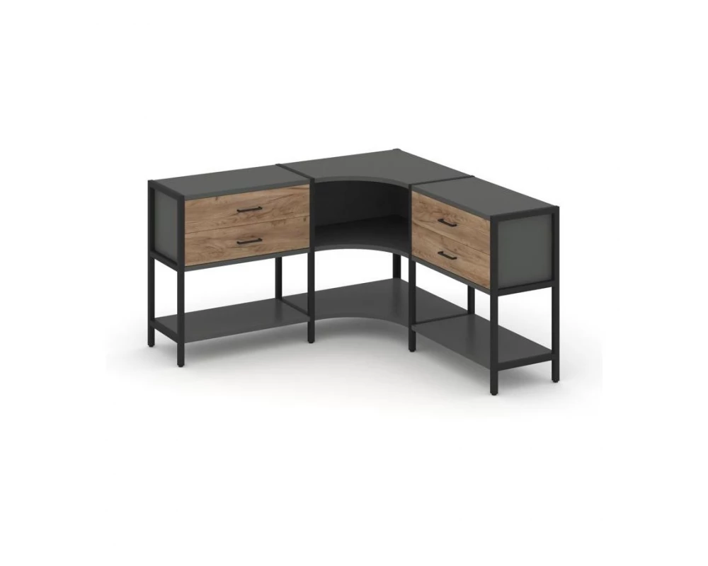 Трехсекционный угловой стеллаж двухярусный с ящиками 1590х1590х879 Shelf System