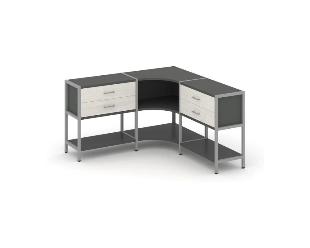 Трехсекционный угловой стеллаж двухярусный с ящиками 1590х1590х879 Shelf System