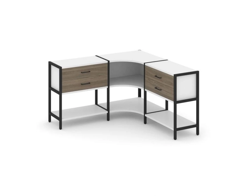 Трехсекционный угловой стеллаж двухярусный с ящиками 1590х1590х879 Shelf System