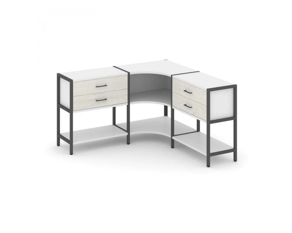 Трехсекционный угловой стеллаж двухярусный с ящиками 1590х1590х879 Shelf System