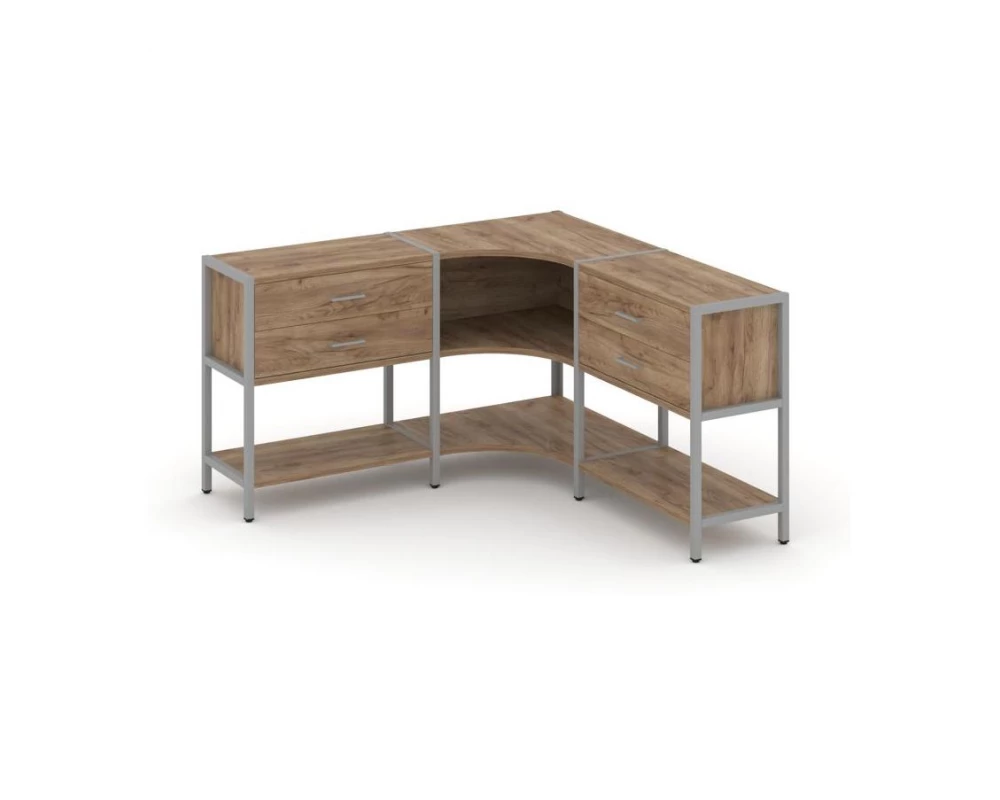 Трехсекционный угловой стеллаж двухярусный с ящиками 1590х1590х879 Shelf System