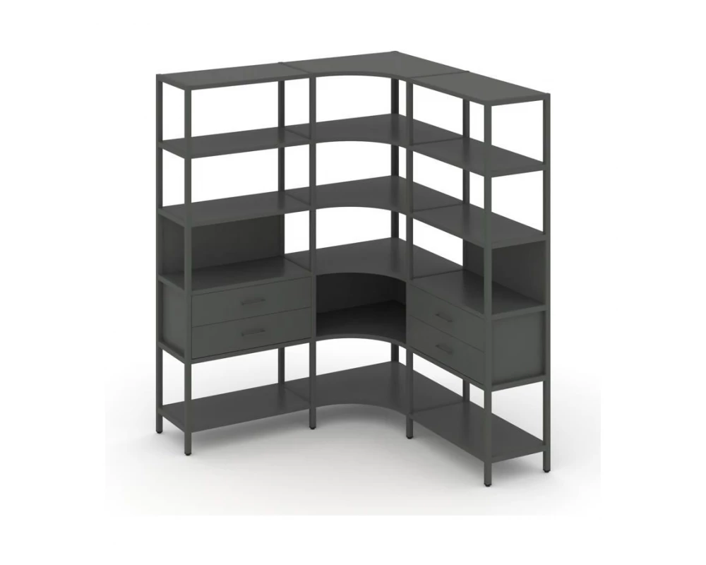 Трехсекционный угловой стеллаж пятиярусный с ящиками 1590х1590х1980 Shelf System