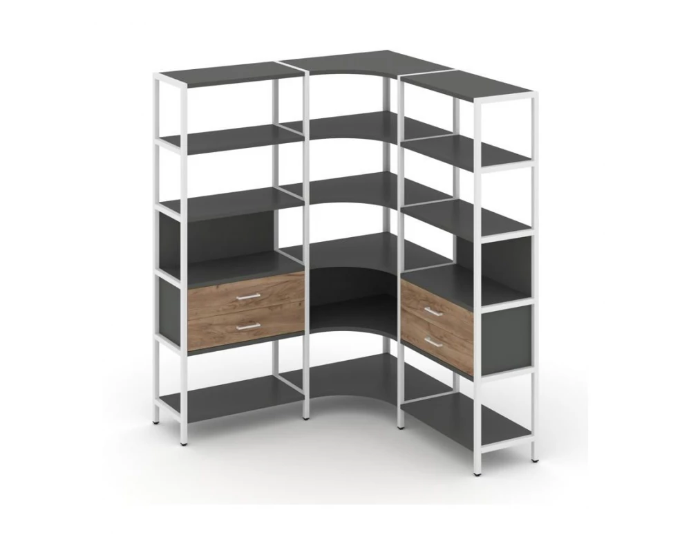 Трехсекционный угловой стеллаж пятиярусный с ящиками 1590х1590х1980 Shelf System