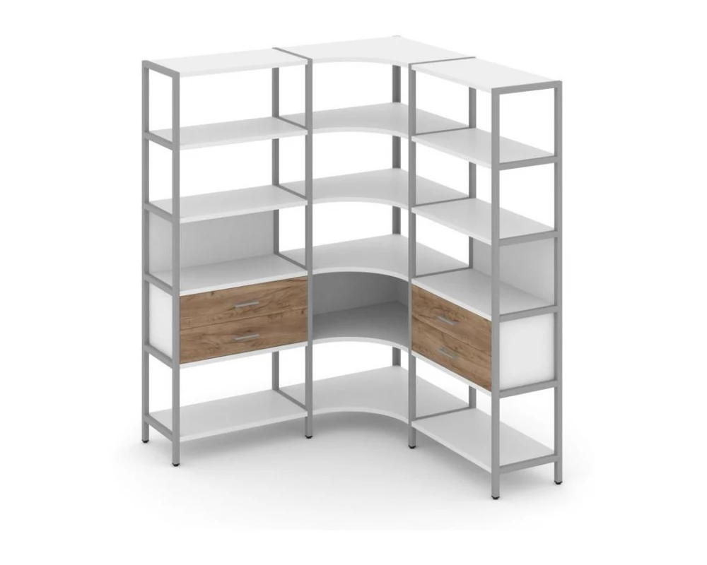 Трехсекционный угловой стеллаж пятиярусный с ящиками 1590х1590х1980 Shelf System