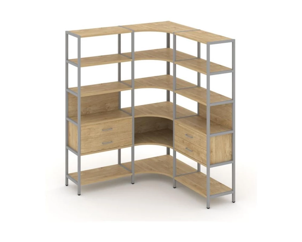 Трехсекционный угловой стеллаж пятиярусный с ящиками 1590х1590х1980 Shelf System