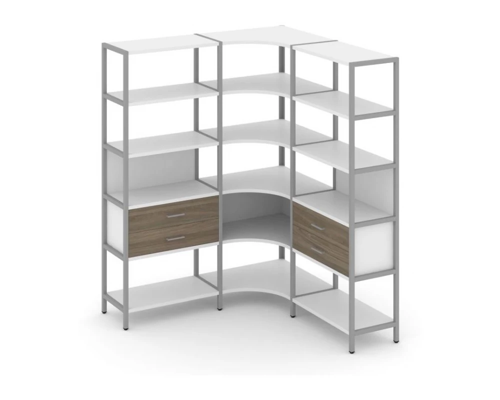 Трехсекционный угловой стеллаж пятиярусный с ящиками 1590х1590х1980 Shelf System