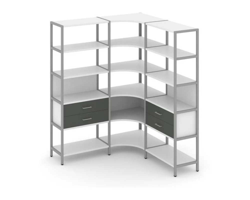 Трехсекционный угловой стеллаж пятиярусный с ящиками 1590х1590х1980 Shelf System