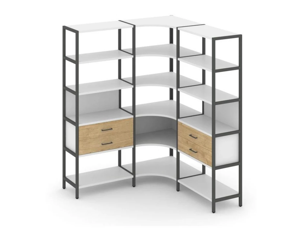 Трехсекционный угловой стеллаж пятиярусный с ящиками 1590х1590х1980 Shelf System