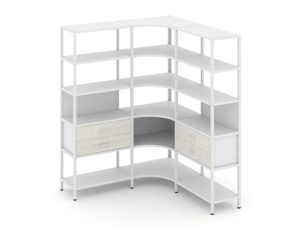 Трехсекционный угловой стеллаж пятиярусный с ящиками 1590х1590х1980 Shelf System