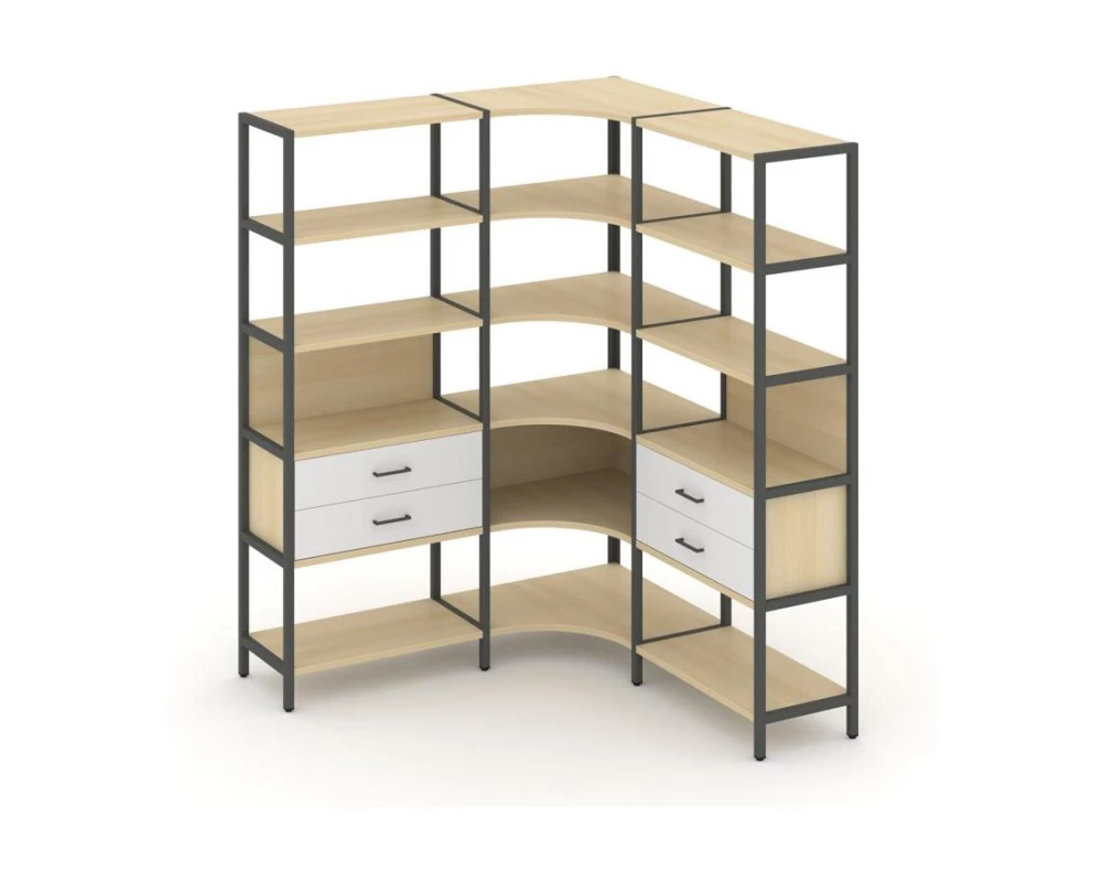 Трехсекционный угловой стеллаж пятиярусный с ящиками 1590х1590х1980 Shelf System
