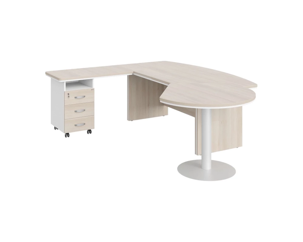 Стол руководителя угловой с брифингом и приставной тумбой L 235х205х76 Berlin Director Акация светлая/Белый премиум