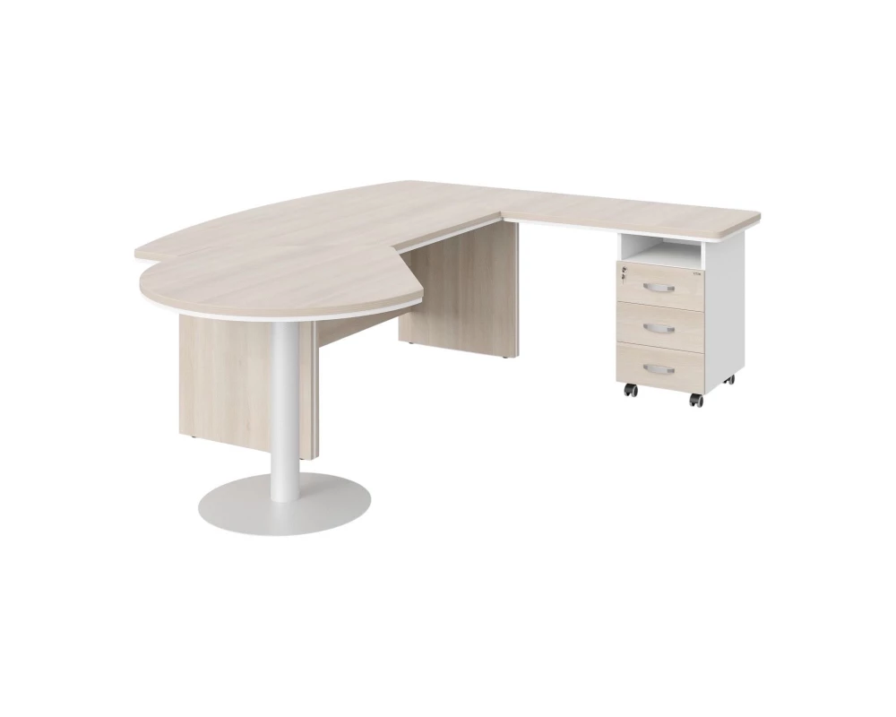 Стол руководителя угловой с брифингом и приставной тумбой R 235х205х76 Berlin Director Акация светлая/Белый премиум