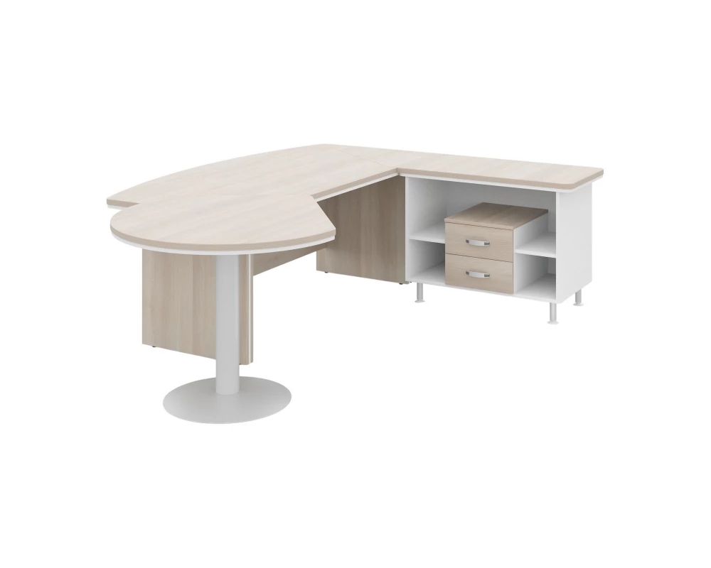 Стол руководителя угловой с брифингом и встроенной тумбой R 235х205х76 Berlin Director Акация светлая/Белый премиум